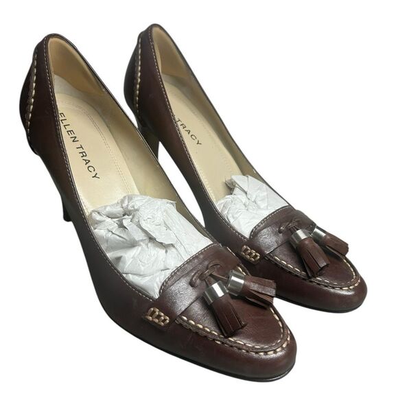 Ellen Tracy Womens Brown Leather Tassel Contrast Stitch Almond Toe Heels Size 8 - Picture 8 of 11